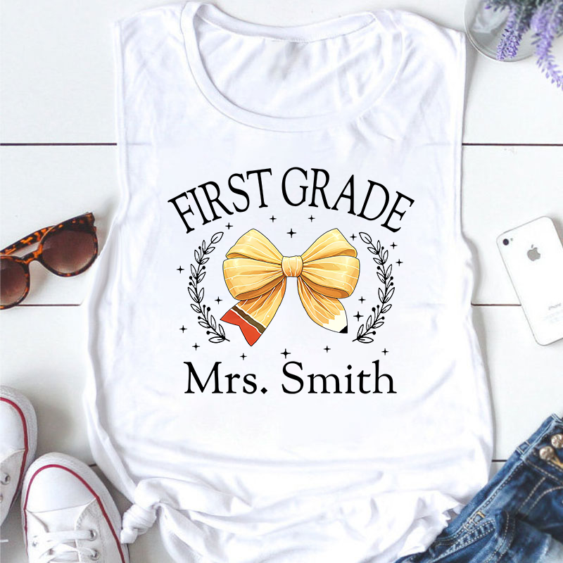 Personalized Name And Grade Bow Teacher Tank Top