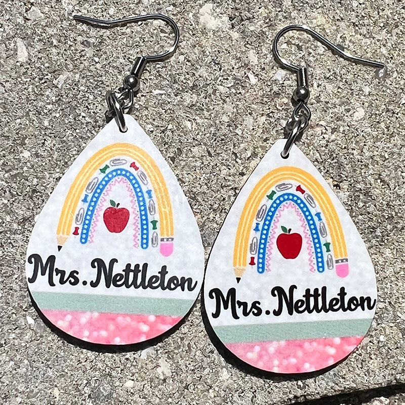 Personalized Rainbow Pencil Teacher Wooden Earrings