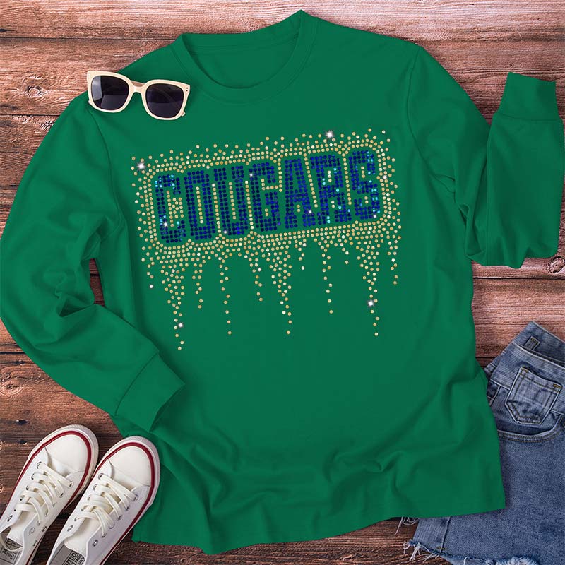 Personalized Mascot Drip Faux Rhinestone Teacher Long Sleeve T-Shirt