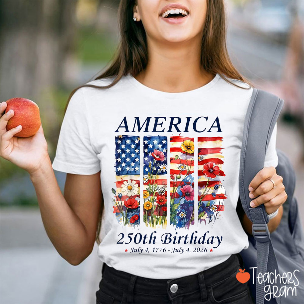 America Floral Flag 250th Birthday Teacher T-Shirt
