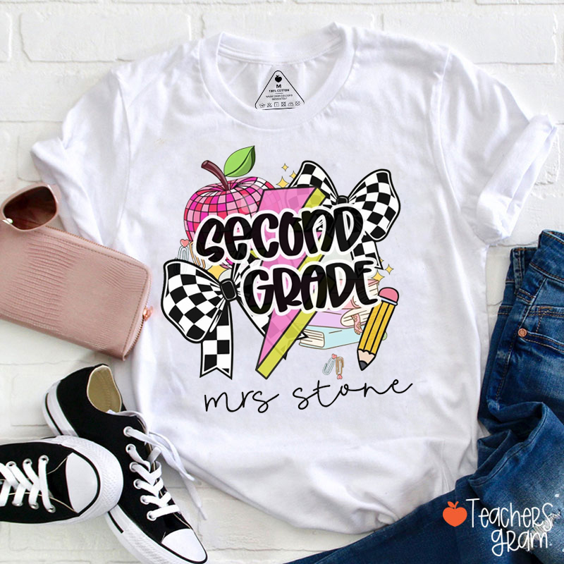 Personalized Grade And Name Checkered Apple Bow Lightning Teacher T-Shirt