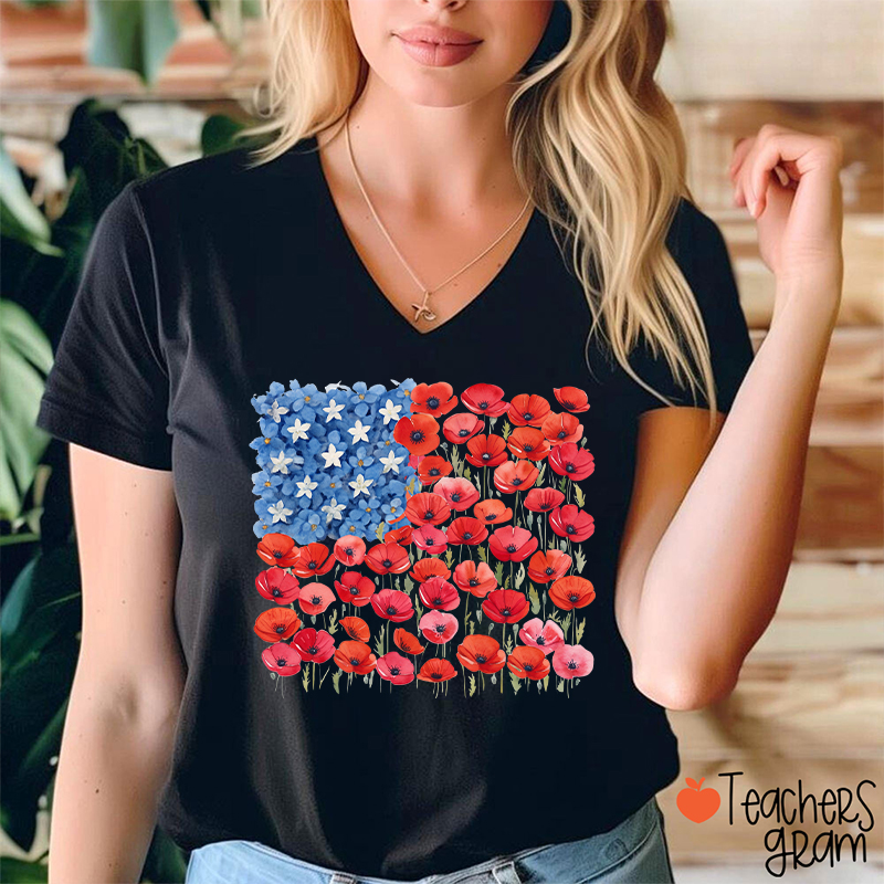 Floral USA Flag 250th Anniversary Teacher Female V-Neck T-Shirt