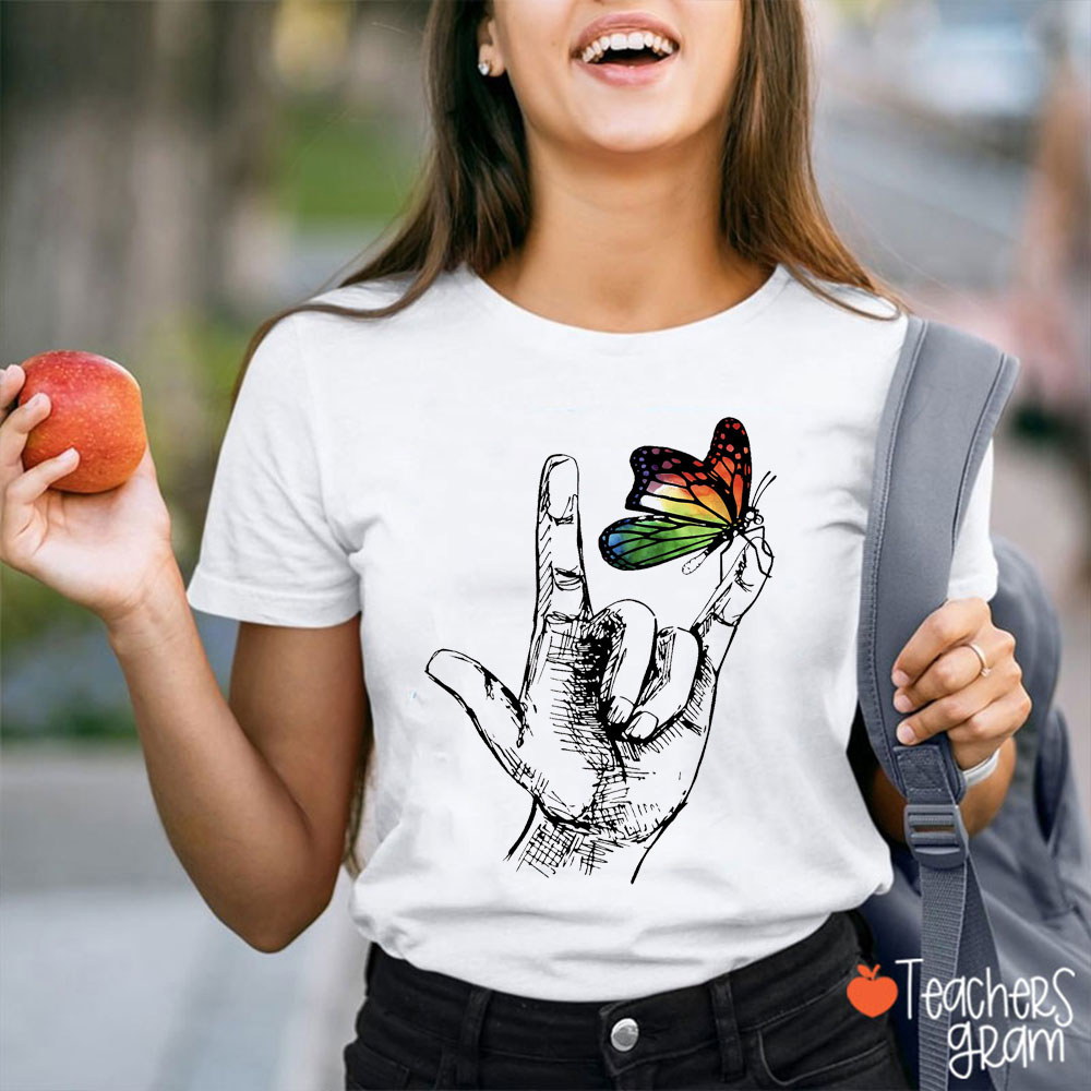 Love Sign Language Butterfly Teacher T-Shirt