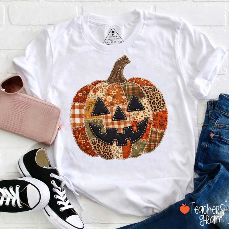 Retro Faux Stitched Patchwork Pumpkin Face Teacher T‑Shirt
