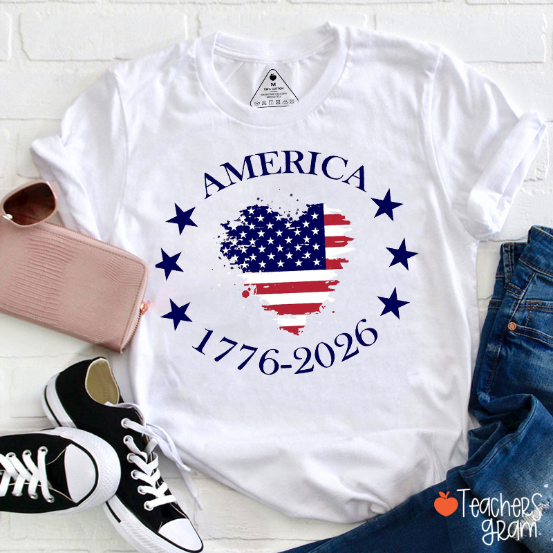 America 250th Anniversary Heart Flag Teacher T-Shirt