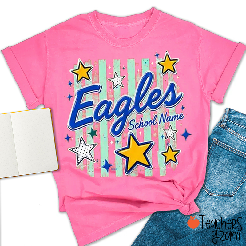 Personalized Mascot And School Name Distressed Vertical Stripe Star Teacher T-Shirt