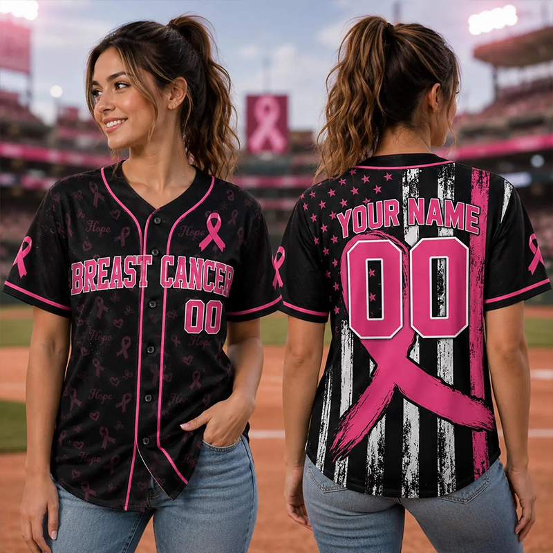 Personalized Name Number Pink Ribbon Flag Stripe Baseball Jersey