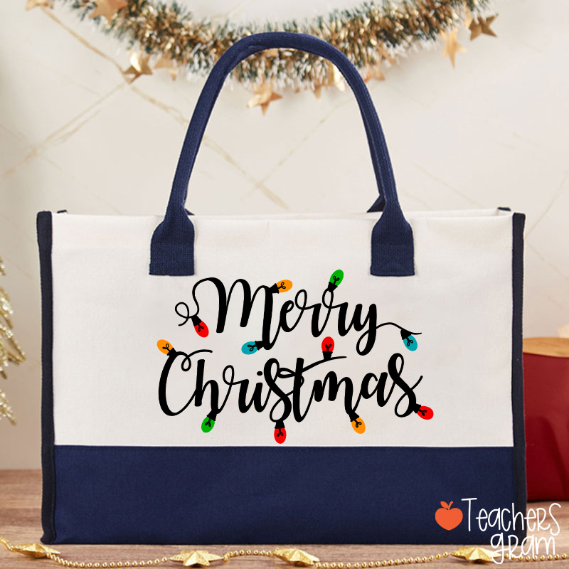 Merry Christmas Colorful Lights Teacher Cotton Tote Bag