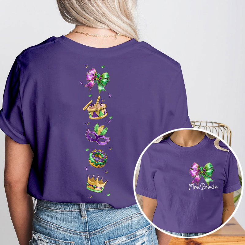 Personalized Name Mardi Gras Bow Teacher Two Sided T-Shirt
