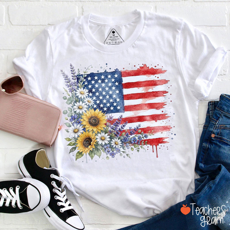 Watercolor Floral American Flag Teacher T-Shirt