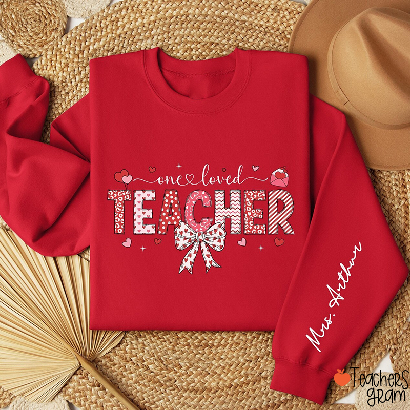 Personalized Name Loved Teacher Coquette Bow Teacher Sleeve Print Sweatshirt