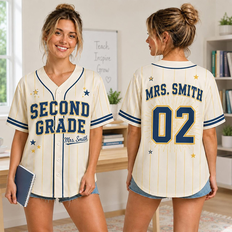 Personalized Grade And Name Preppy Pinstripe Star First Day Teacher Baseball Jersey
