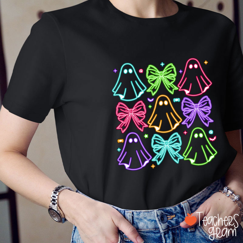 Colorful Neon Bow Ghost Teacher T-Shirt