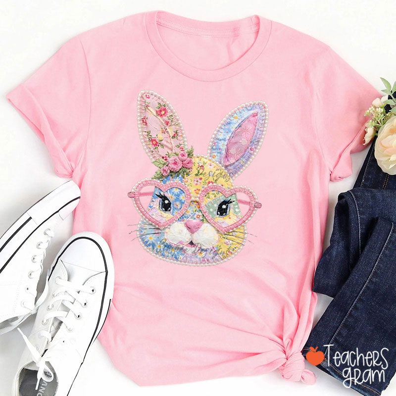 Faux Patchwork Pink Bunny Teacher T-Shirt