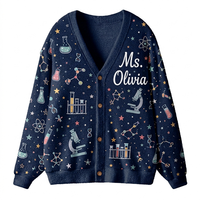 Personalized Name Science Lab Microscope Atom Teacher Ugly Cardigan Sweaters