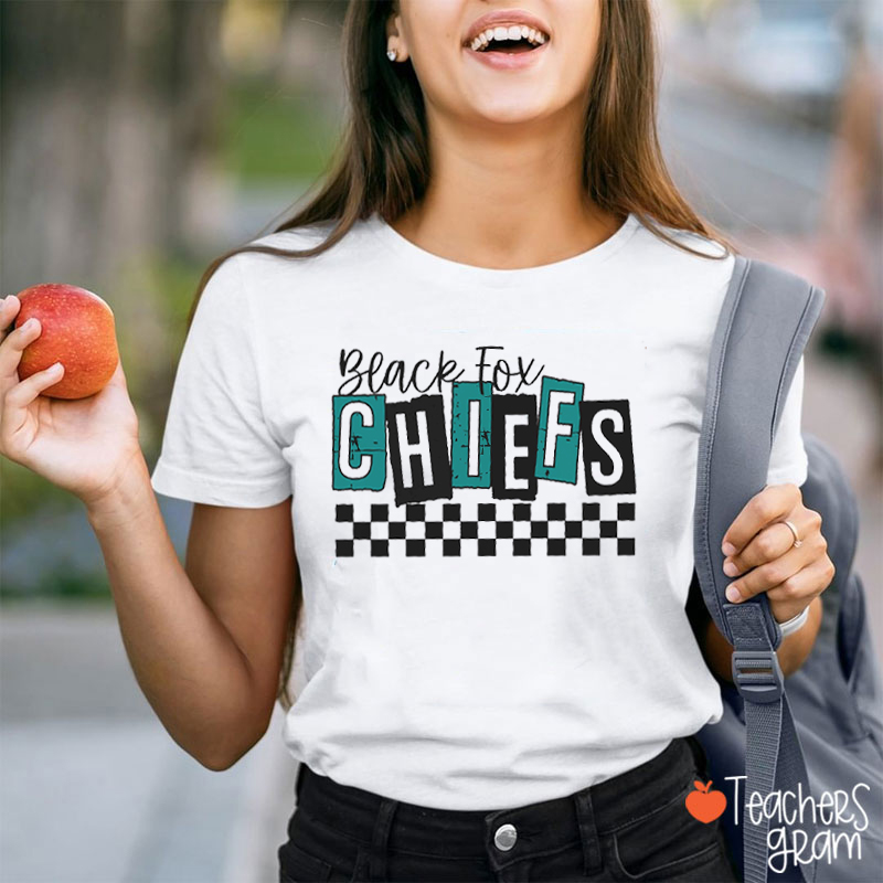Personalized Mascot Checkered Block Letter Teacher T-Shirt