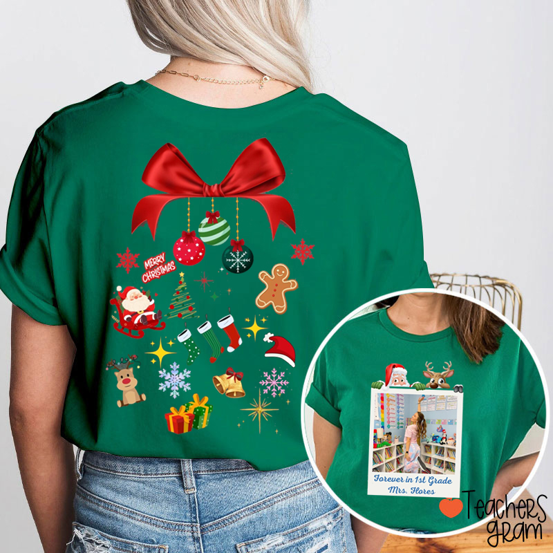 Personalized Name And Photo Forever In Christmas Teacher Two Sided T-Shirt