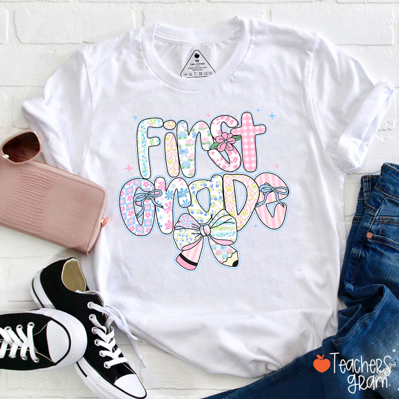 Personalized Grade Pencil Bow Teacher T-Shirt