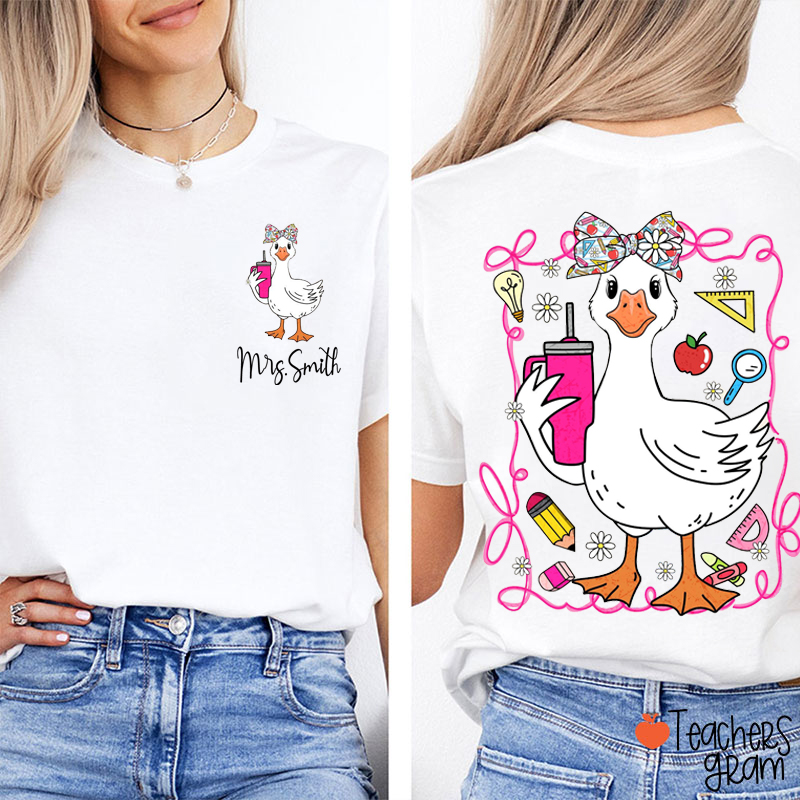 Personalized Name Coquette Silly Goose Teacher Two Sided T-Shirt