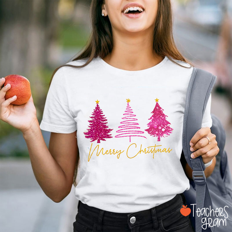 Glitter Pink Christmas Tree Merry Christmas Teacher T-Shirt