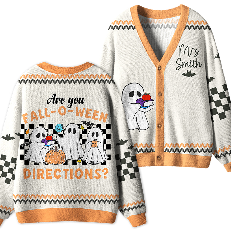 Personalized Fall_O_Ween Ghost Teacher Ugly Cardigan Sweaters