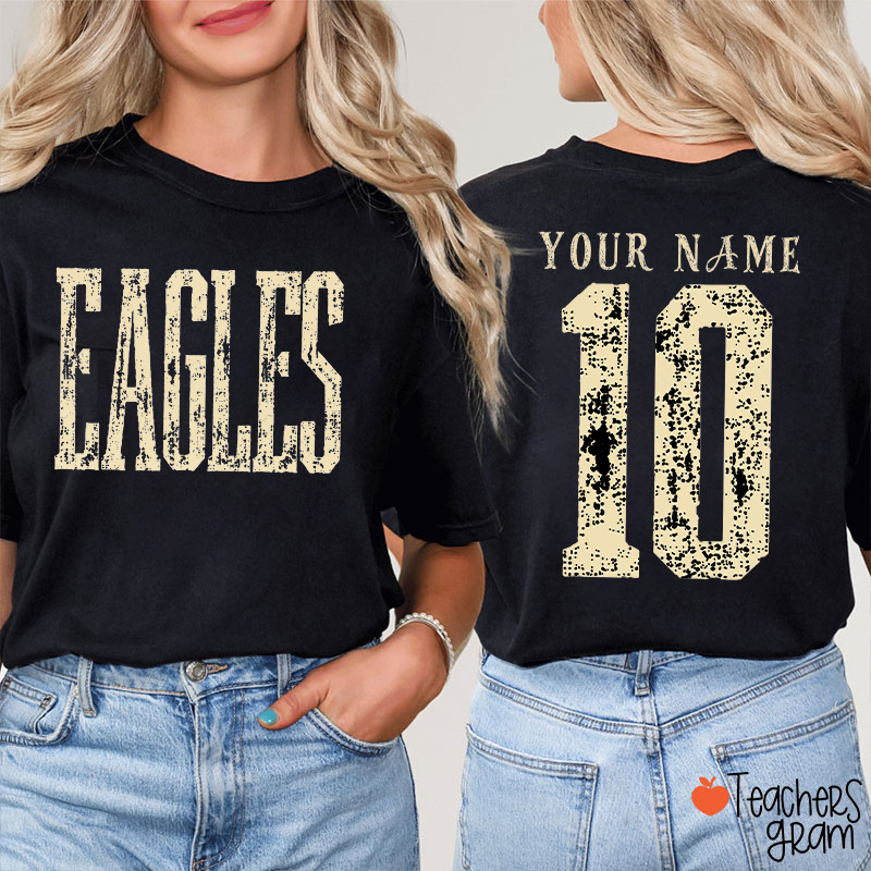 Personalized Mascot School Name Name And Number Vintage Distressed Teacher Two Sided T‑Shirt
