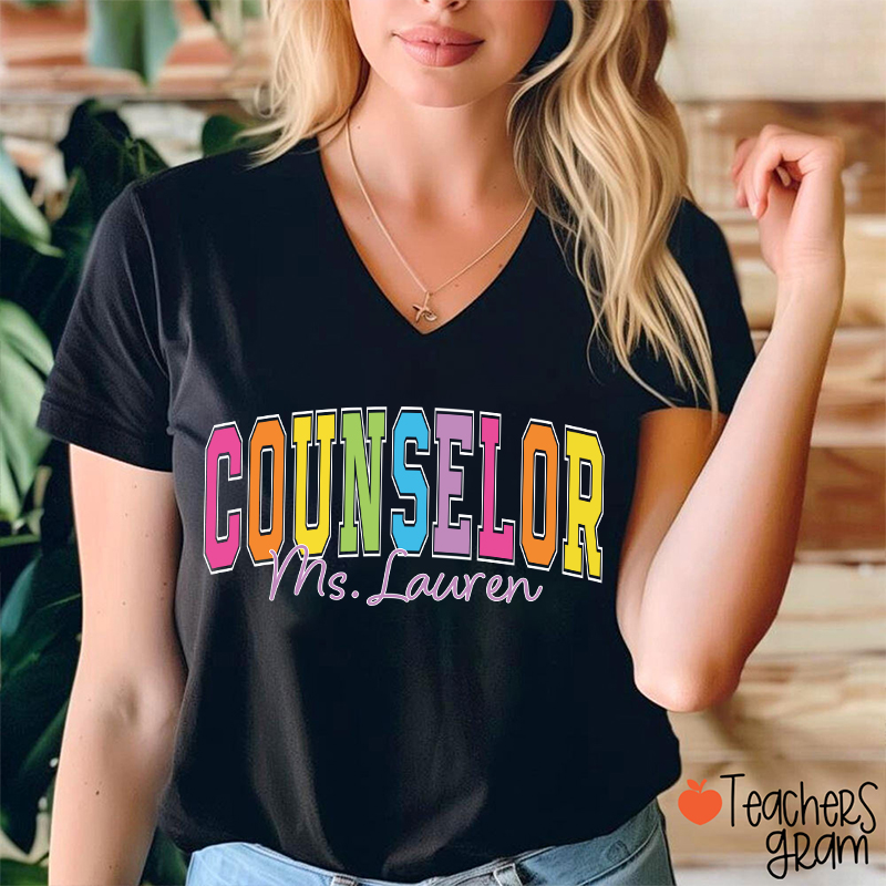 Personalized Name Grade Color Teacher Female V-Neck T-Shirt