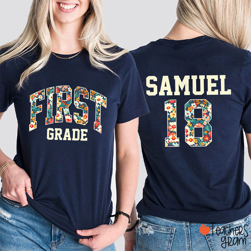Personalized Grade Number Flower Blue Teacher Two Sided T-Shirt