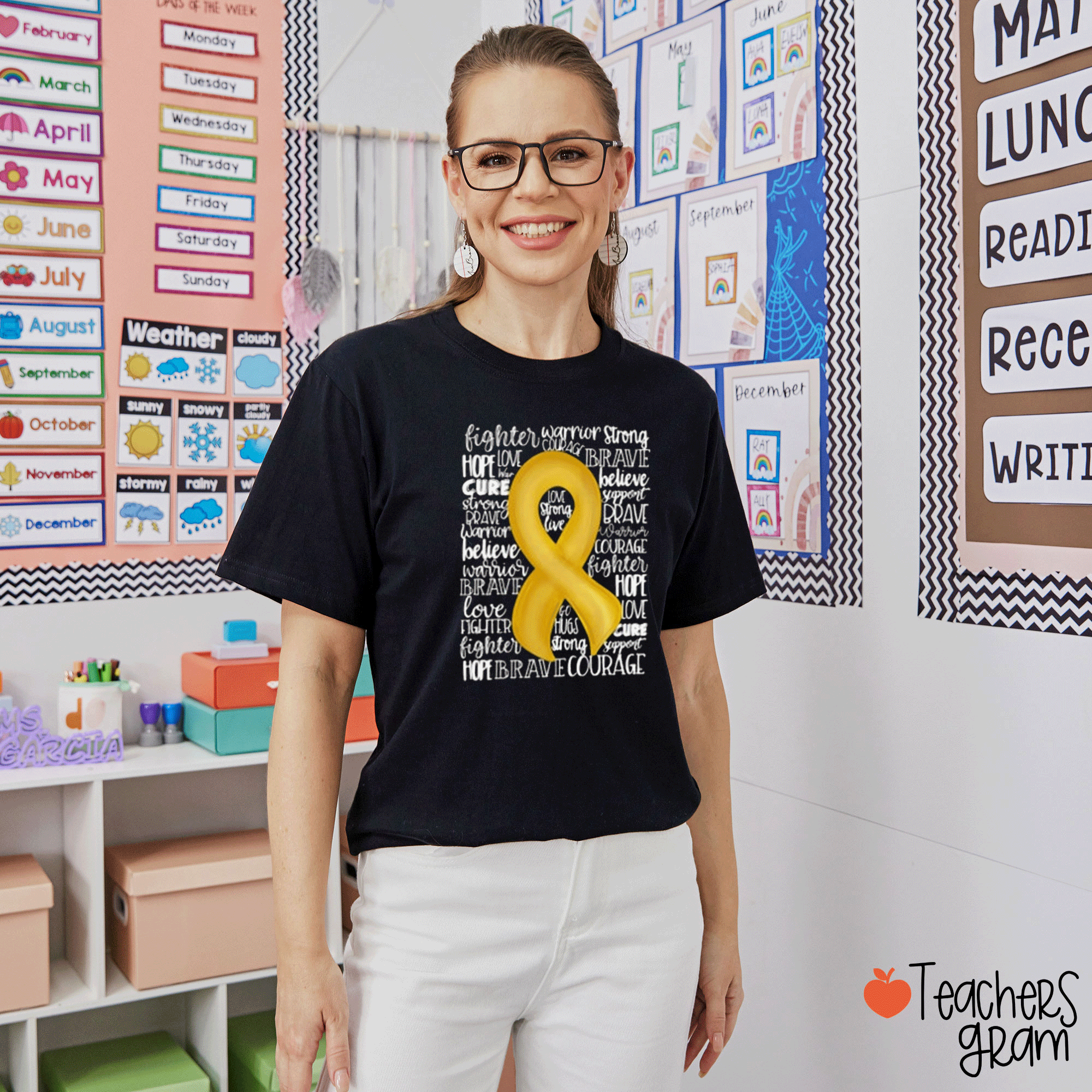 Gold Cancer Ribbon Childhood Cancer Awareness Teacher T-Shirt