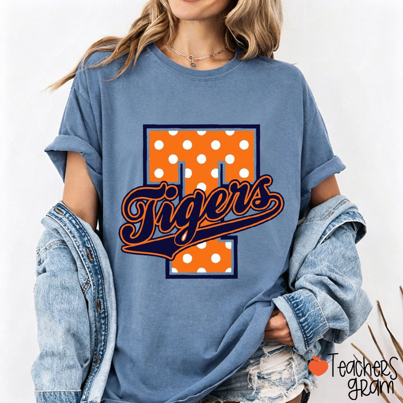 Personalized Mascot Polka Dot Varsity Letter Script Teacher T-Shirt