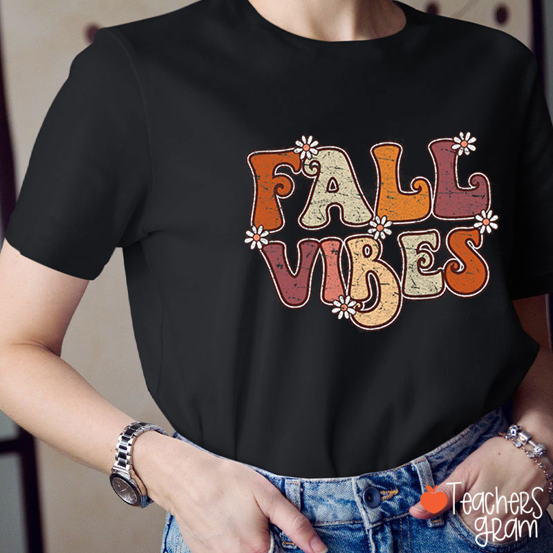 Fall Vibes Flower Prints Teacher T-Shirt
