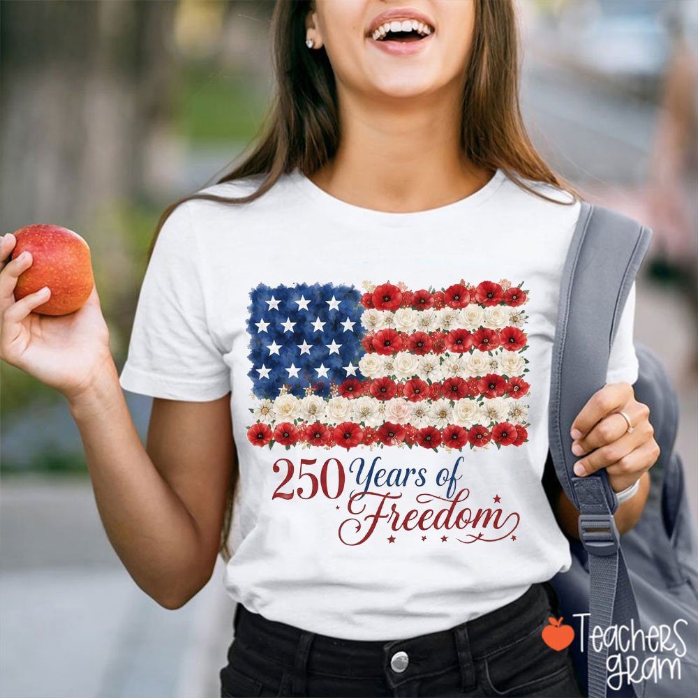 Floral American Flag 250 Years Of Freedom Teacher T-Shirt