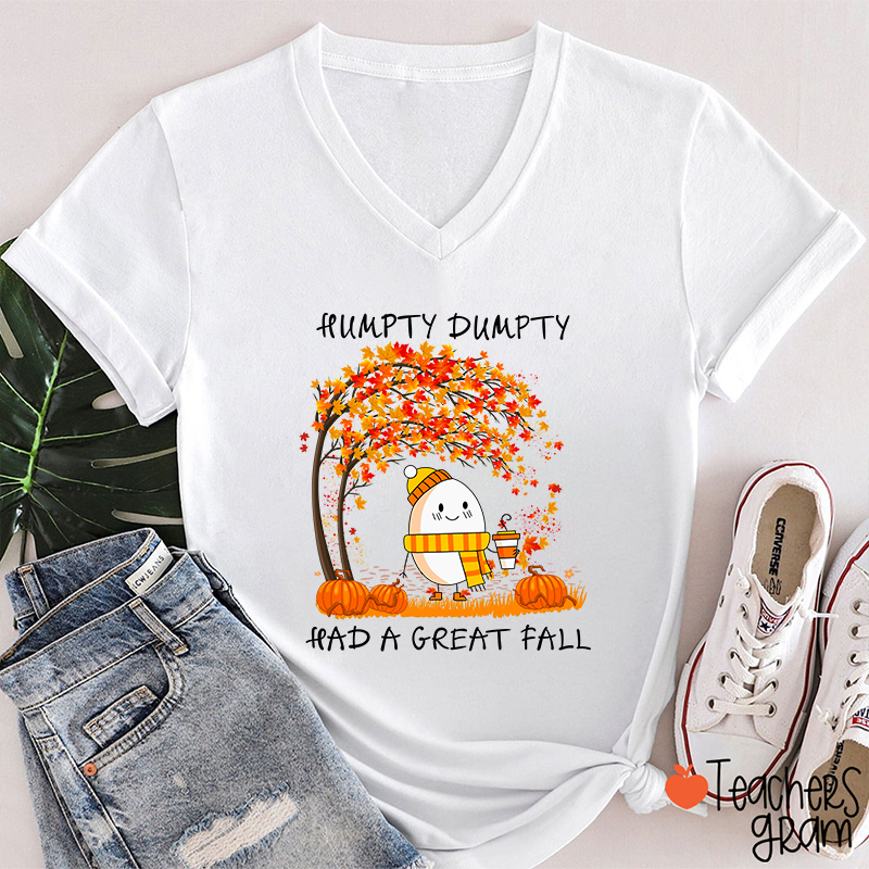 Humpty Happy Autumn Happy Fall Teacher Female V-Neck T-Shirt