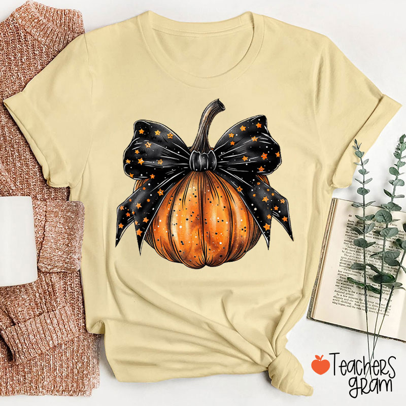 Coquette Stars Bow Pumpkin Teacher T-Shirt