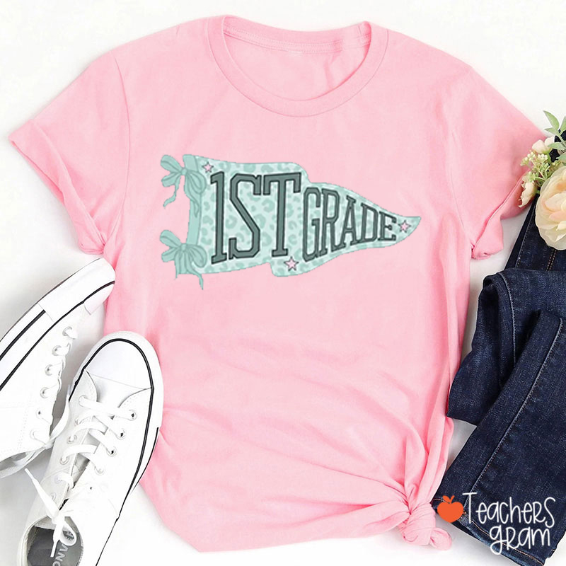 Personalized Grade Pennant Bow Leopard Star Teacher T-Shirt