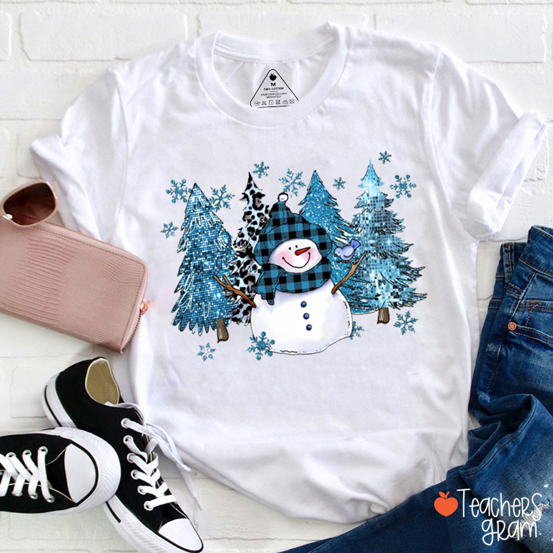 Cute Snowman And Christmas Trees Winter Vibes Teacher T-Shirt