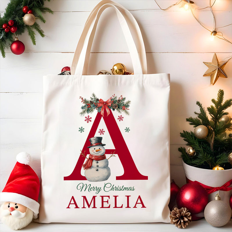 Personalized Name Snowman Santa Claus Merry Christmas Teacher Tote Bag