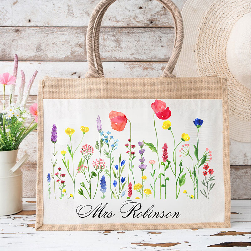 Personalized Wild Flower Teacher Jute Lunch Bag