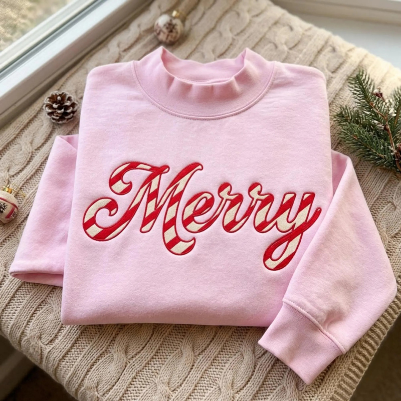 Pink Mock Neck Merry Christmas Candy Cane Embroidery Teacher Sweatshirt
