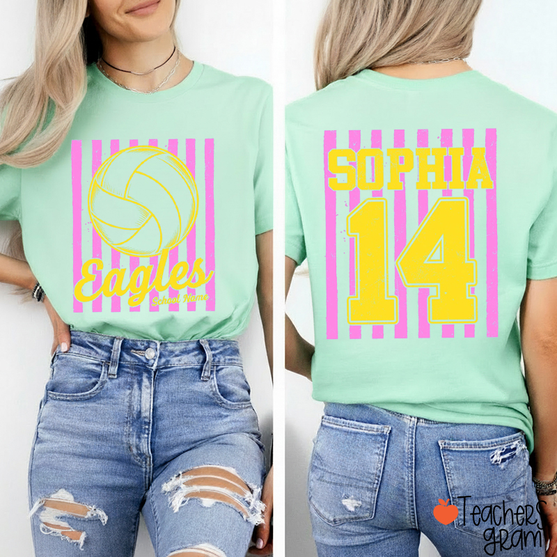 Personalized Mascot Preppy Striped Teacher Two Sided T-Shirt
