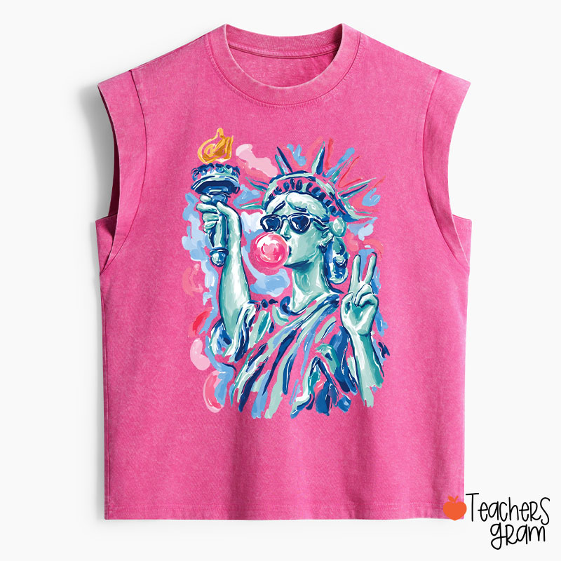 Preppy Statue Of Liberty Blowing Bubble Teacher Washed Tank Top