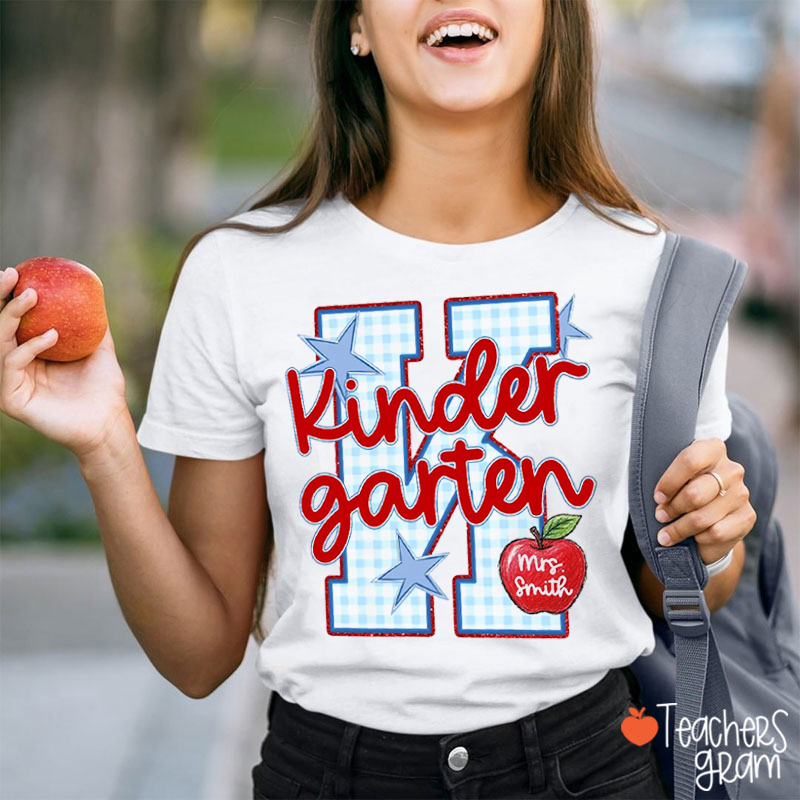 Personalized Name Grade Gingham Star Apple Teacher T‑Shirt