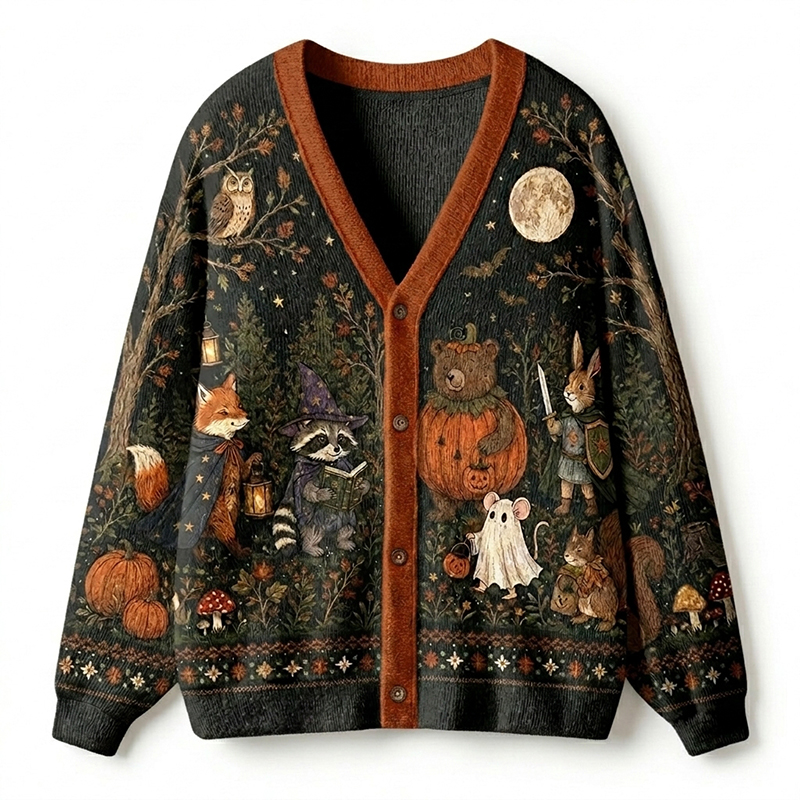 Personalized Halloween Forest Animal Scene Jacquard Knit Teacher Ugly Cardigan Sweaters