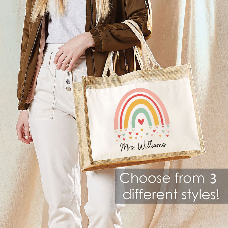 Personalized Name Rainbow Heart Teacher Jute Lunch Bag