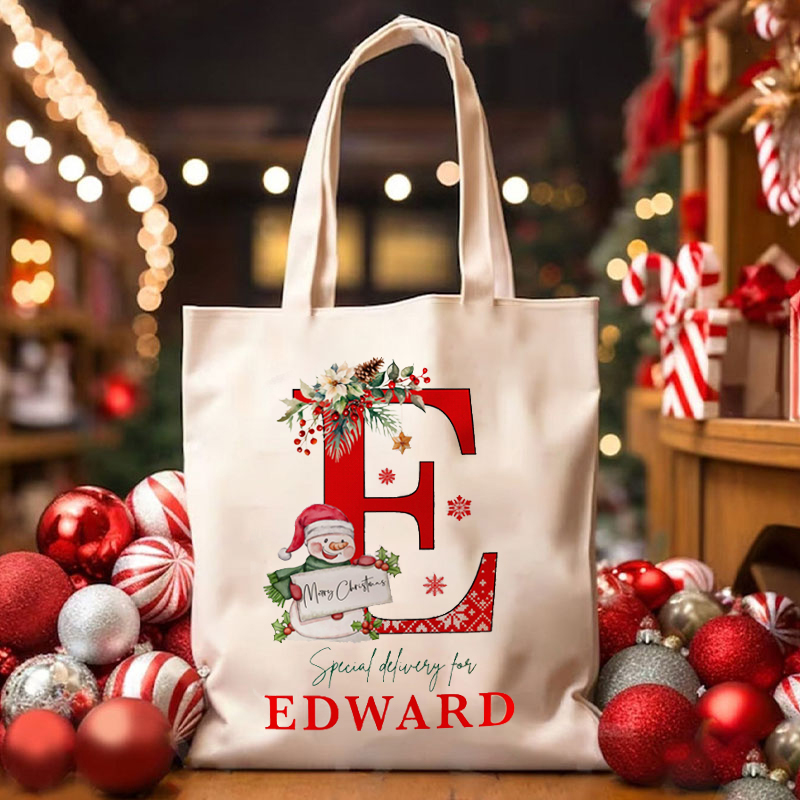 Personalized Name Snowman Holly Teacher Tote Bag