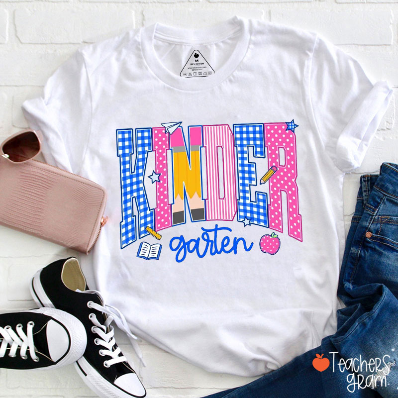 Personalized Grade Gingham Polka Dot Pencil Teacher T-Shirt