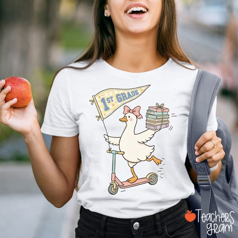 Personalized Grade Scooter Silly Goose Pennant Book Stack Teacher T-Shirt