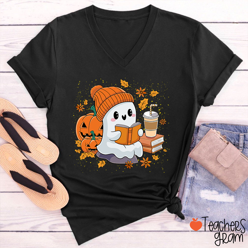 Reading Ghost Pumpkin Halloween Teacher Female V-Neck T-Shirt