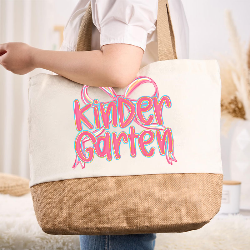 Personalized Grade Pink Bow Teacher Canvas Tote Bag
