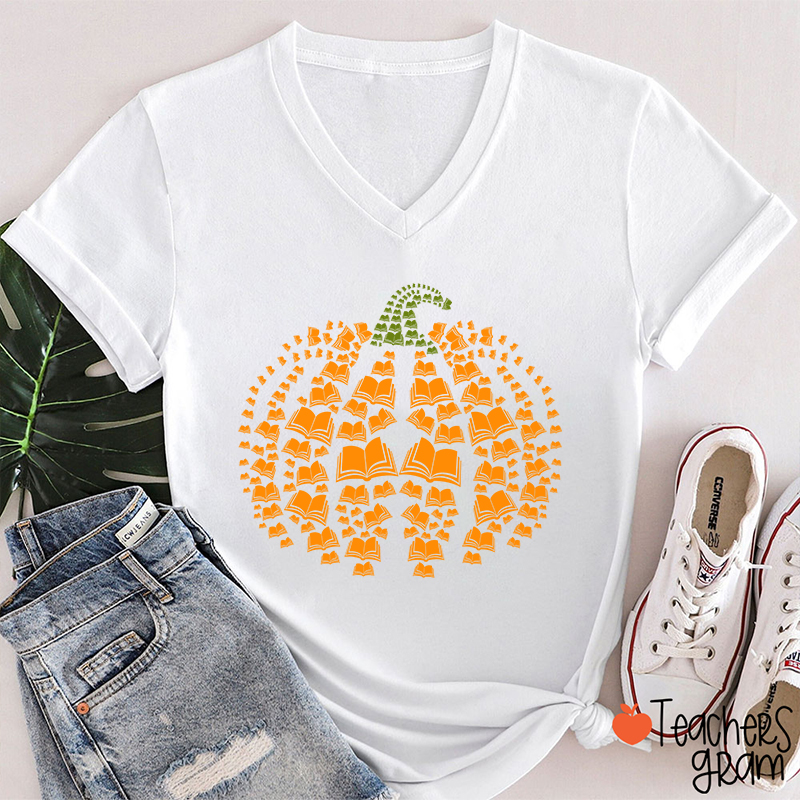 Halloween Pumpkins And Books Teacher Female V-Neck T-Shirt